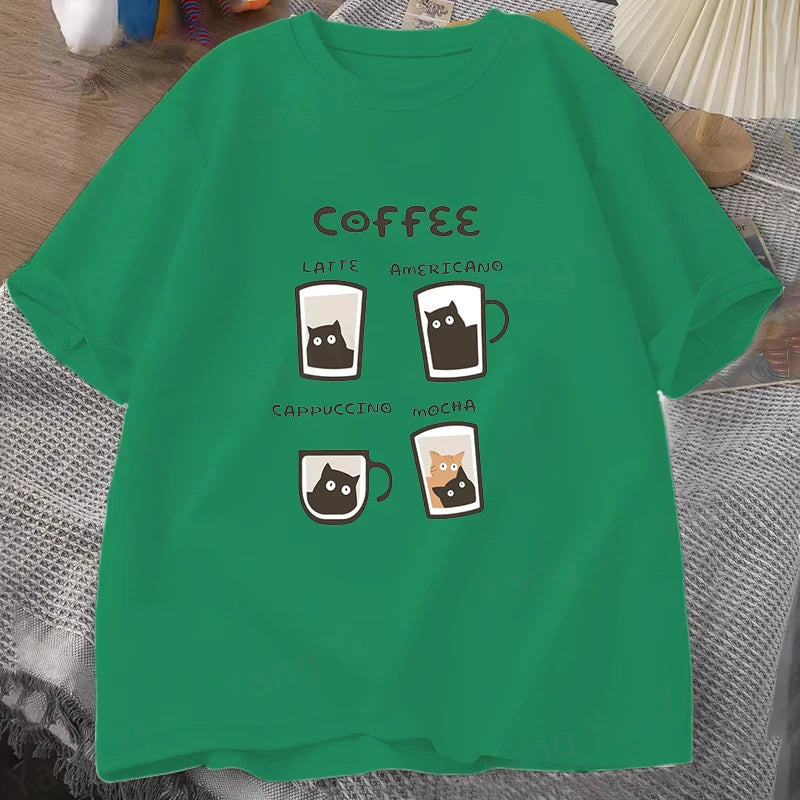Kitten Coffee Cute Print T-Shirt