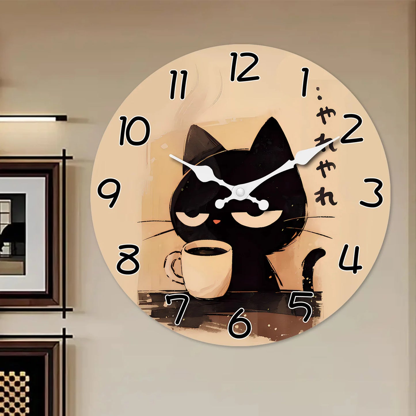 Cat Drinking Coffee Pattern Wooden Wall Clock