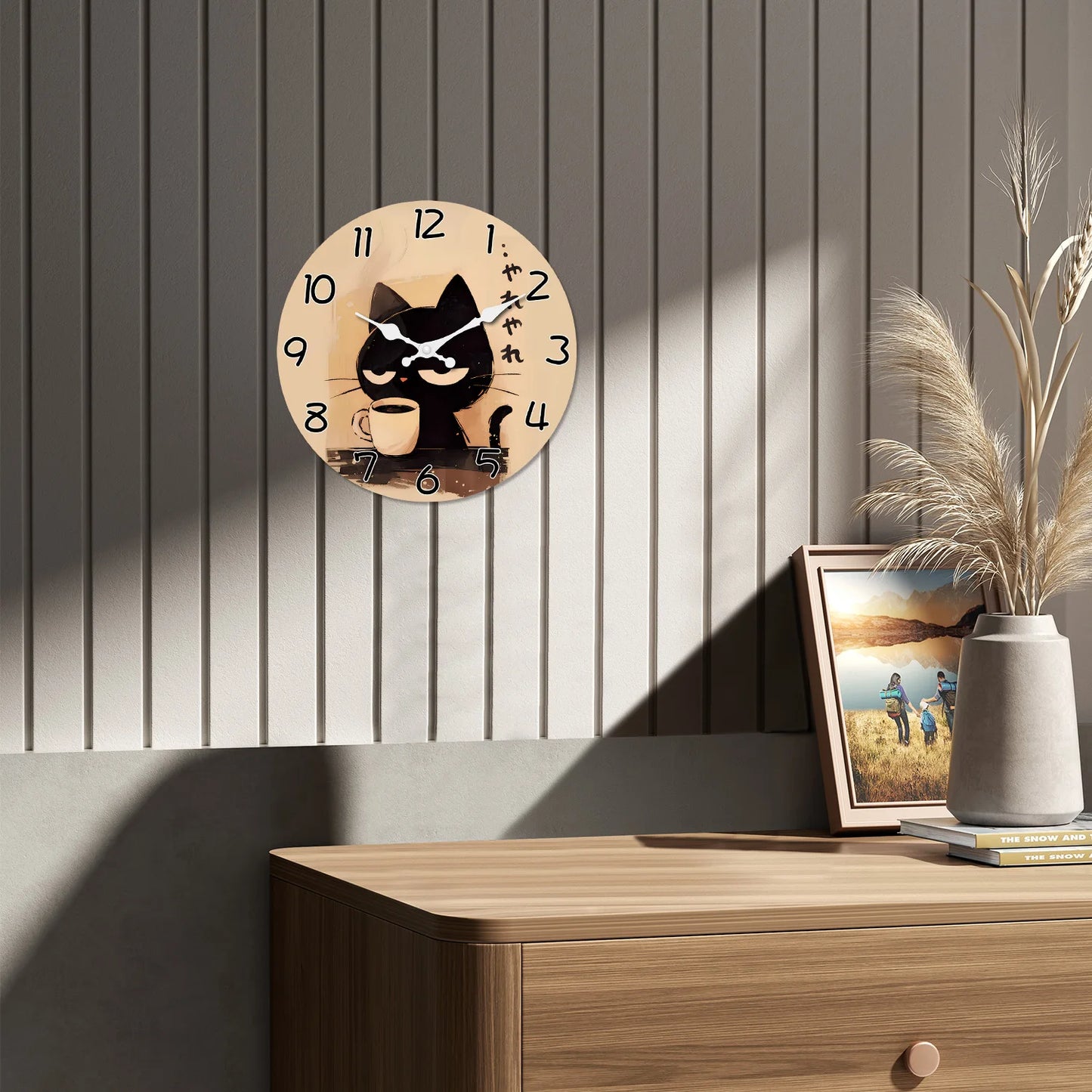 Cat Drinking Coffee Pattern Wooden Wall Clock