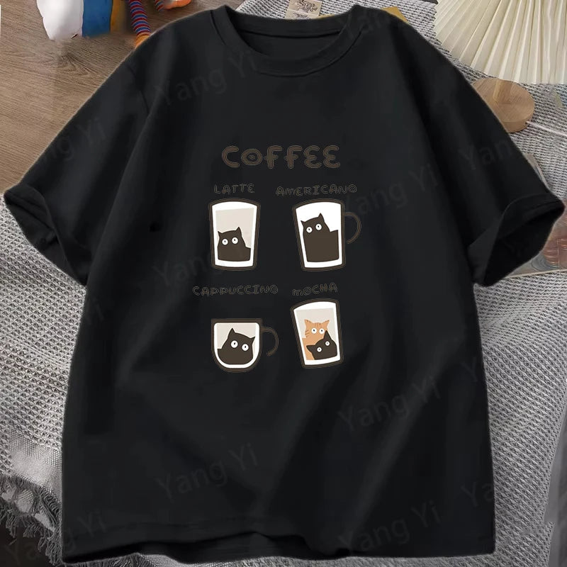 Kitten Coffee Cute Print T-Shirt