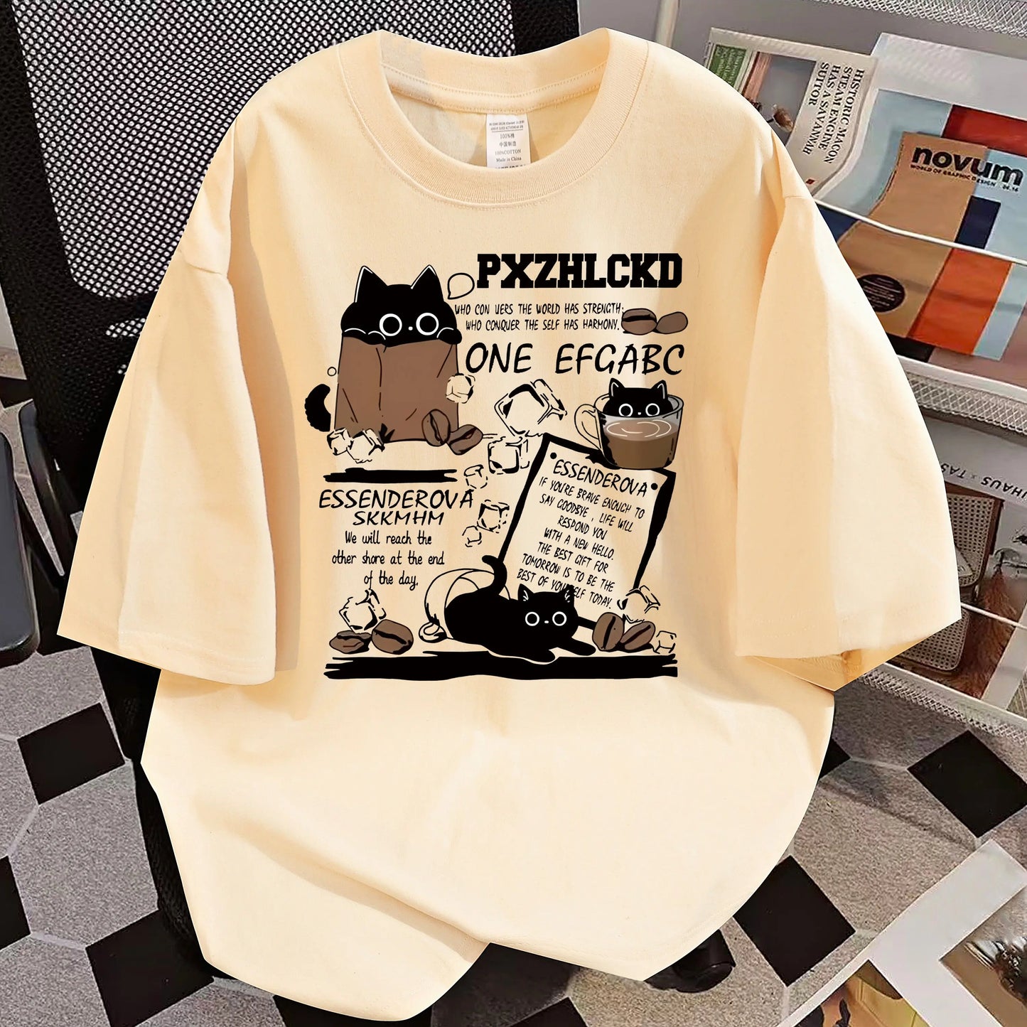 Design Sense Coffee Cat Cartoon Print T-Shirt